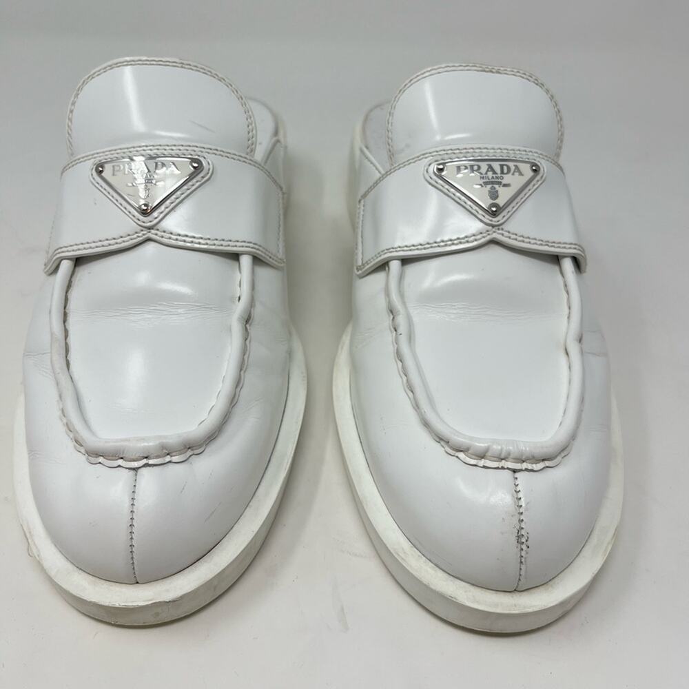 Prada Spazzolato Brushed Leather White Triangle Logo Mules  Size 41 - Picture 3 of 8